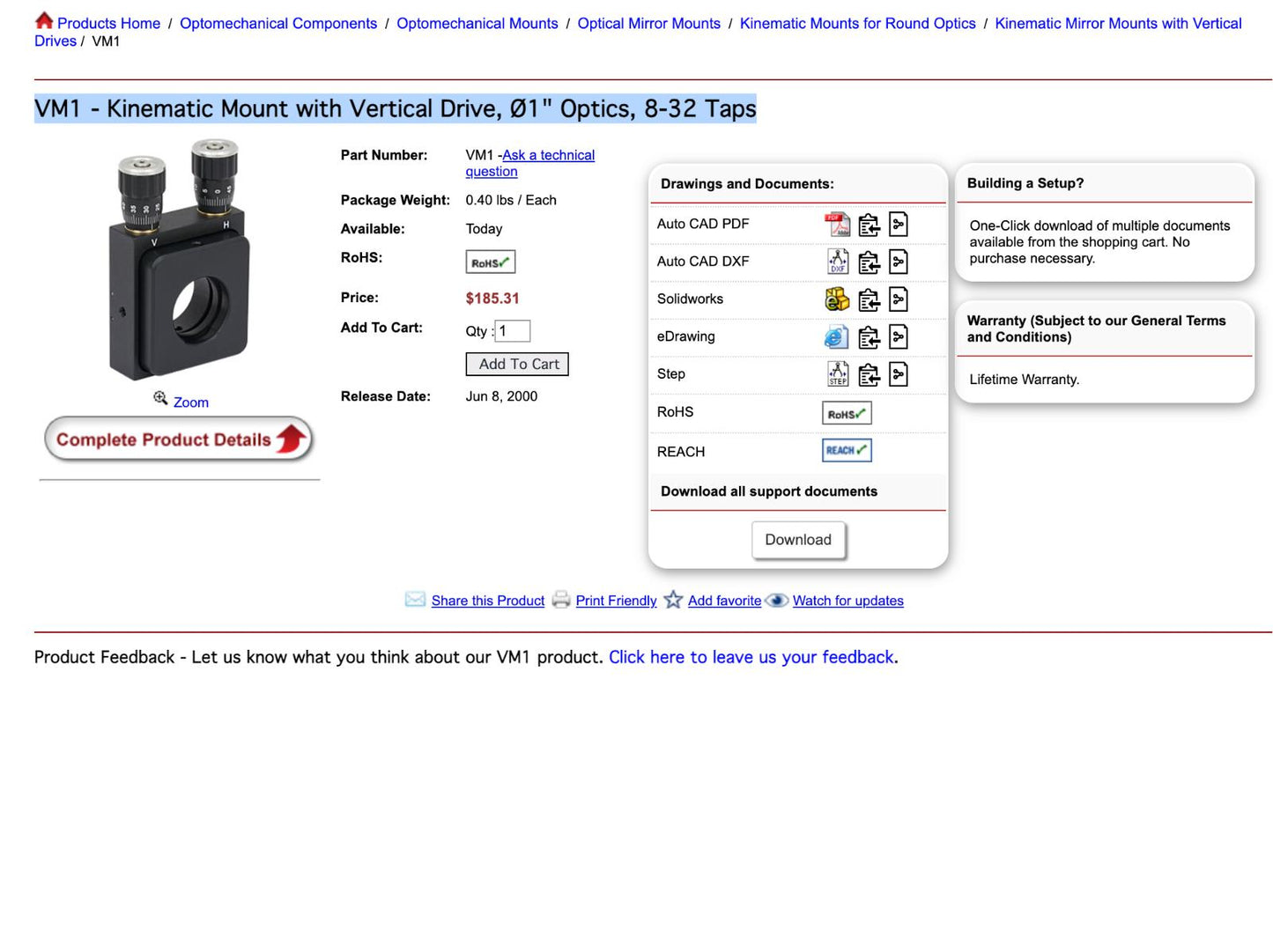 Thorlabs VM1 Kinematic Mount Ø1" Vertical Drive with Post & Filter (Best Offer!)