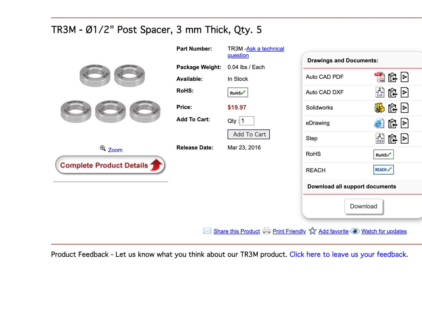 Thorlabs Ø1/2" Post Spacers TR1M, TR2M, TR3M, TR5M 4 Single 5-Packs