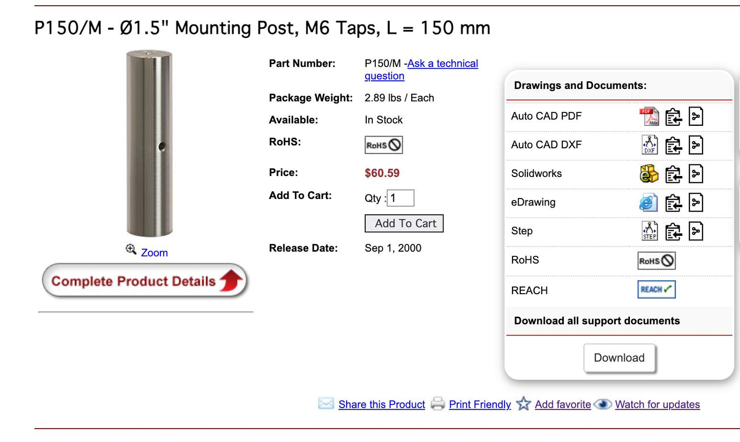 Thorlabs P150/M - Ø1.5" Mounting Post, M6 Taps, L = 150 mm