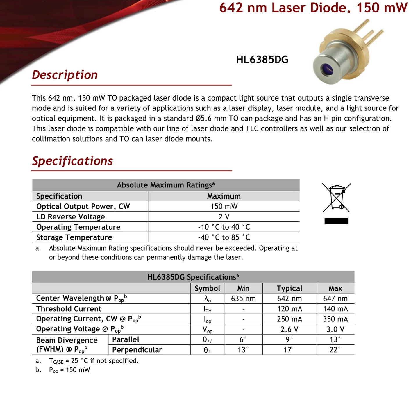 Thorlabs HL6385DG 642nm 150mW Laser Diode - New