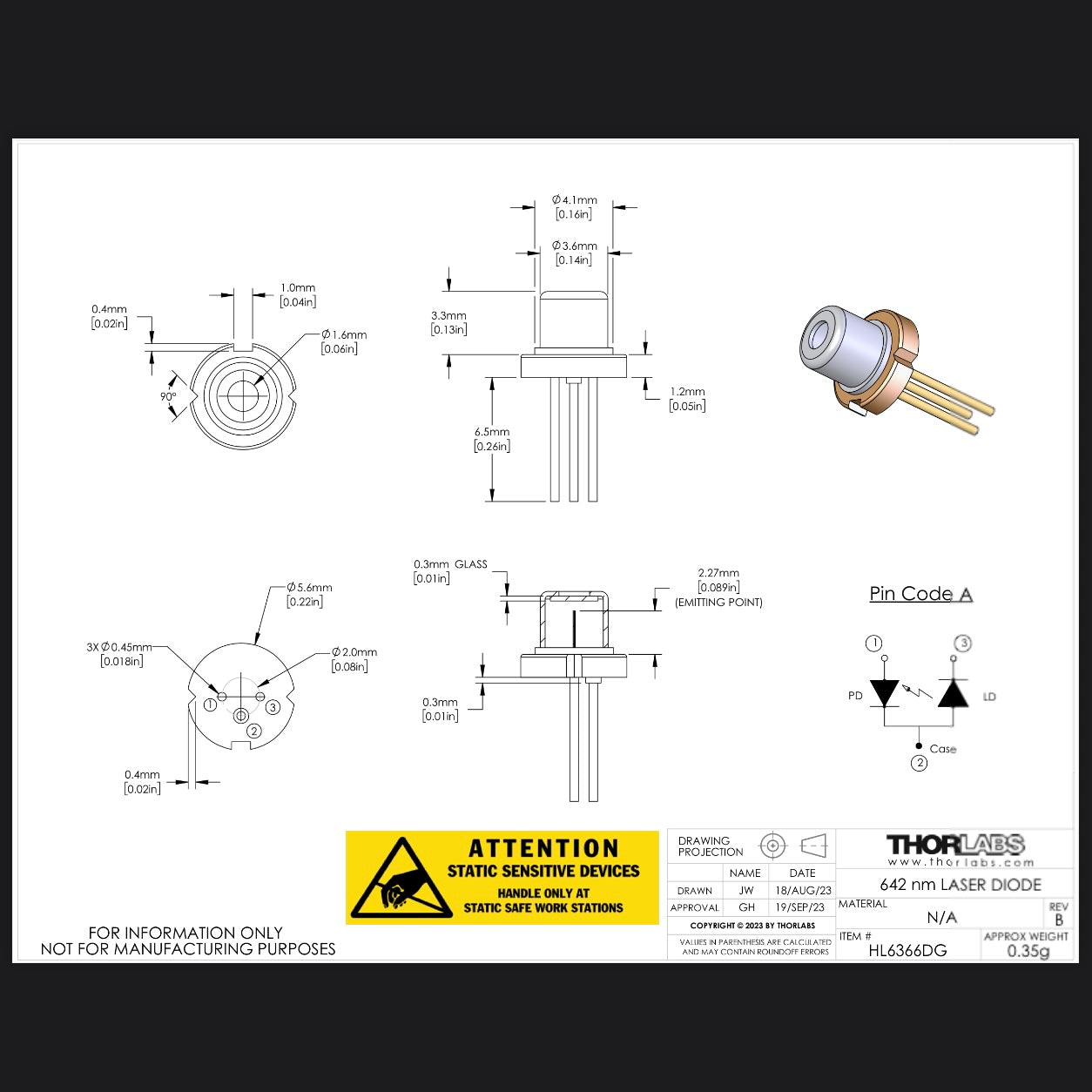 Thorlabs HL6366DG Laser Diode 642nm 80mW Ø5.6mm A Pin Code – New