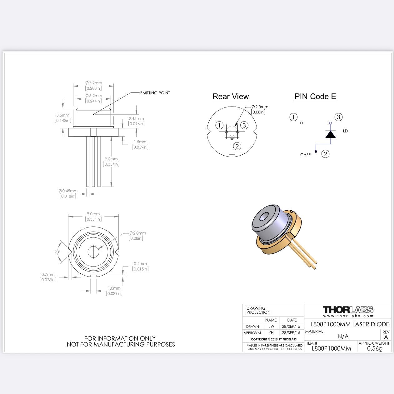 Thorlabs L808P1000MM 808nm 1000mW Ø9mm Laser Diode E-Pin Multimode New