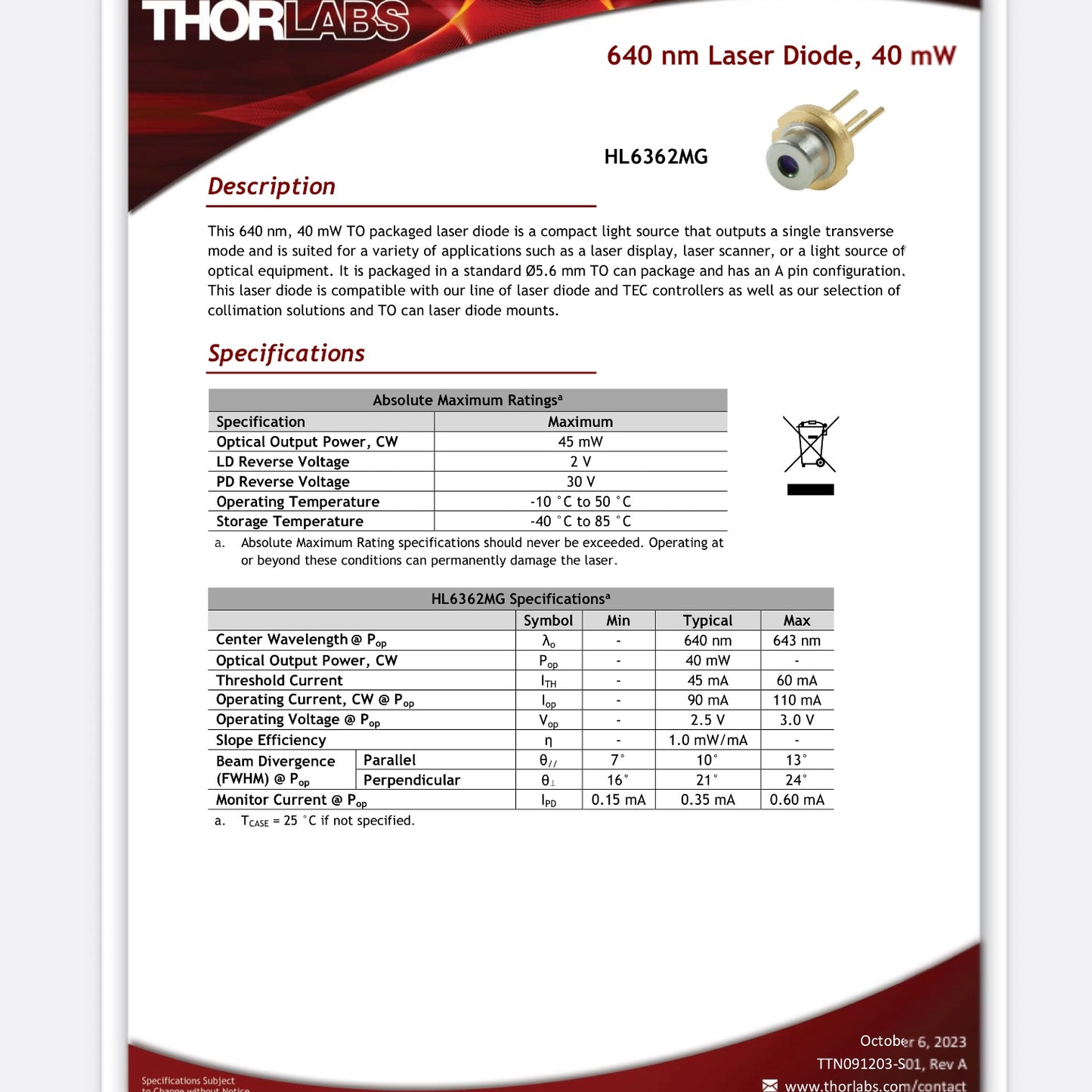 Thorlabs HL6362MG 640nm 40mW Ø5.6mm A-Pin Code Laser Diode NEW