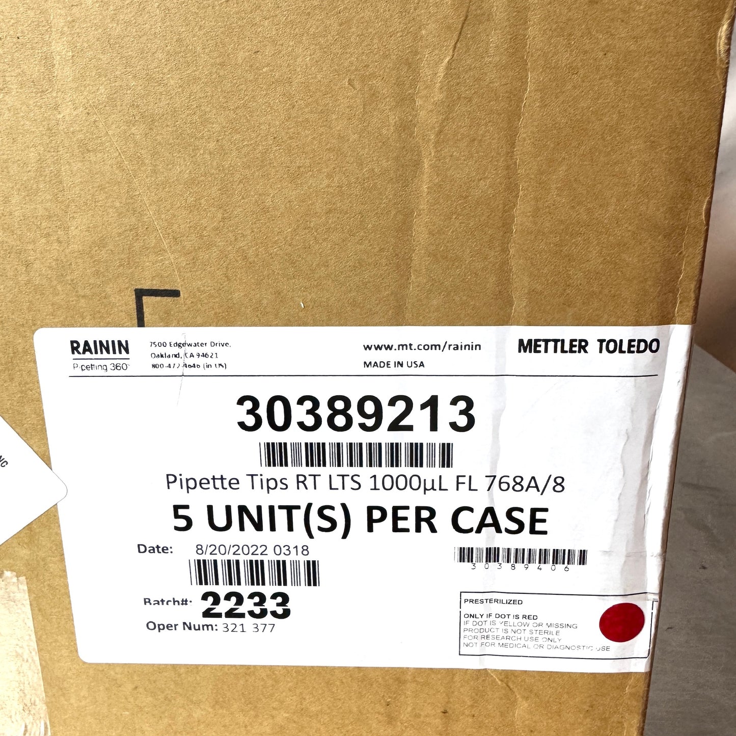 Rainin Mettler Toledo LTS 1000µL F 768A/8 Pipette Tips – 5 Factory Sealed Boxes, 768 Tips Each