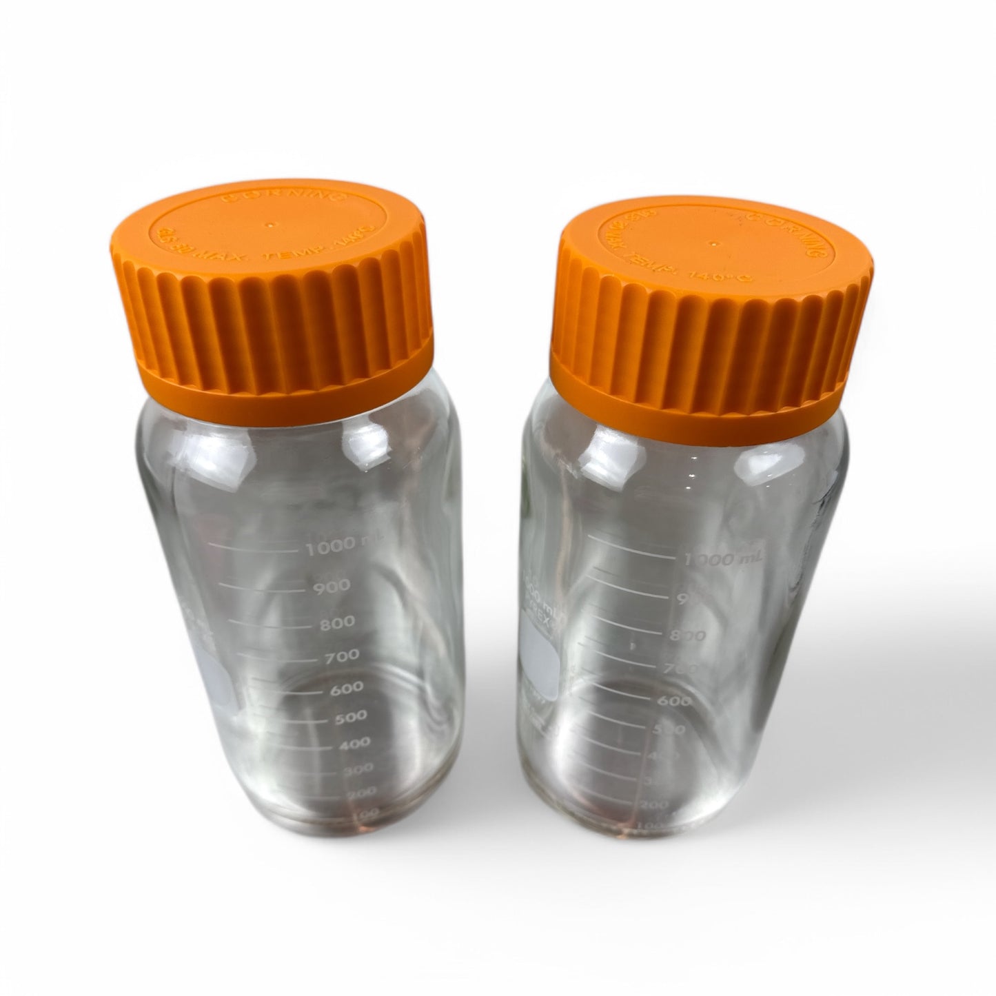 Lot of 2 Corning Pyrex 1000mL Glass Lab Bottles – Wide Mouth – Orange Caps – No. 1397