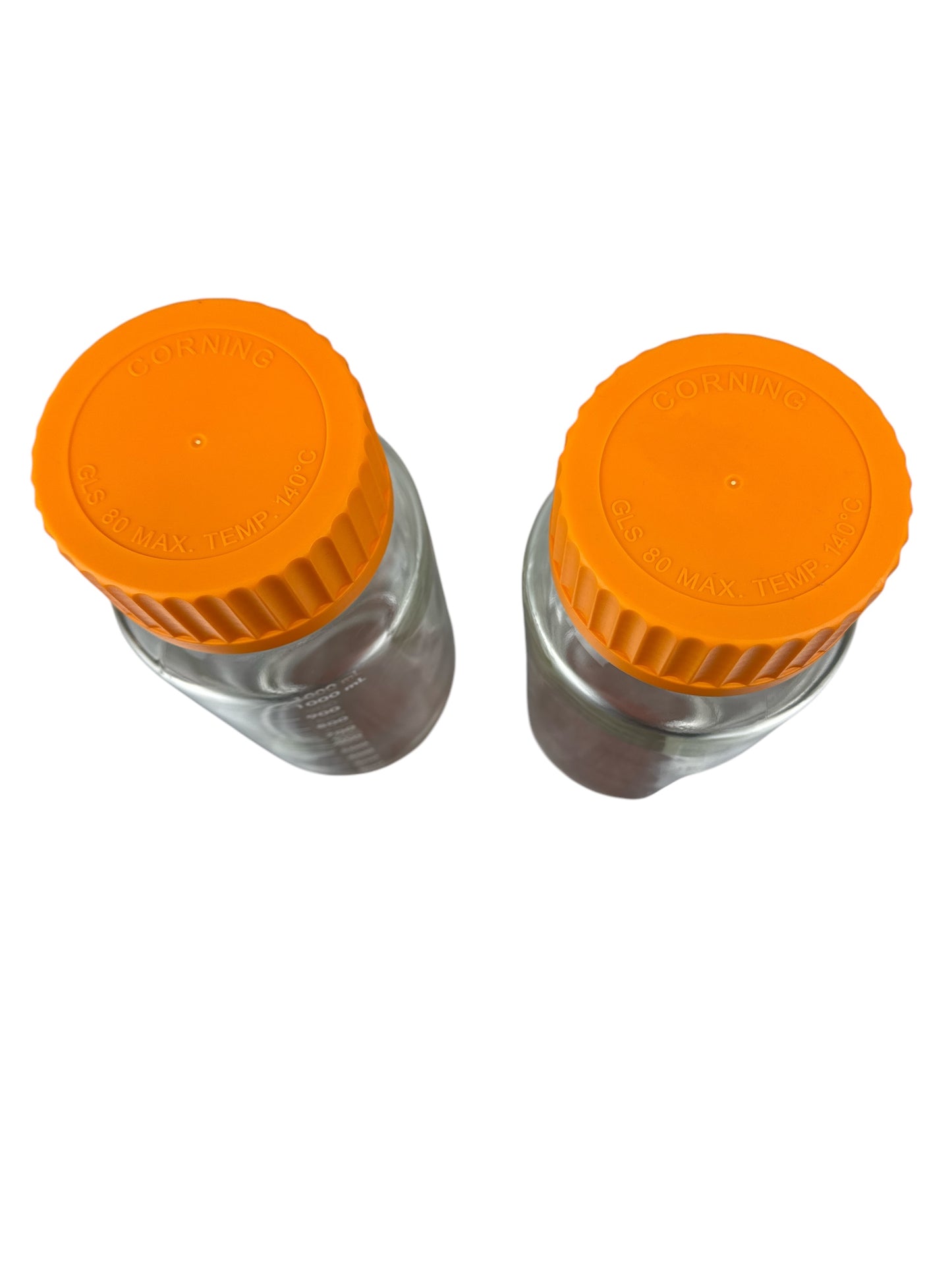 Lot of 2 Corning Pyrex 1000mL Glass Lab Bottles – Wide Mouth – Orange Caps – No. 1397