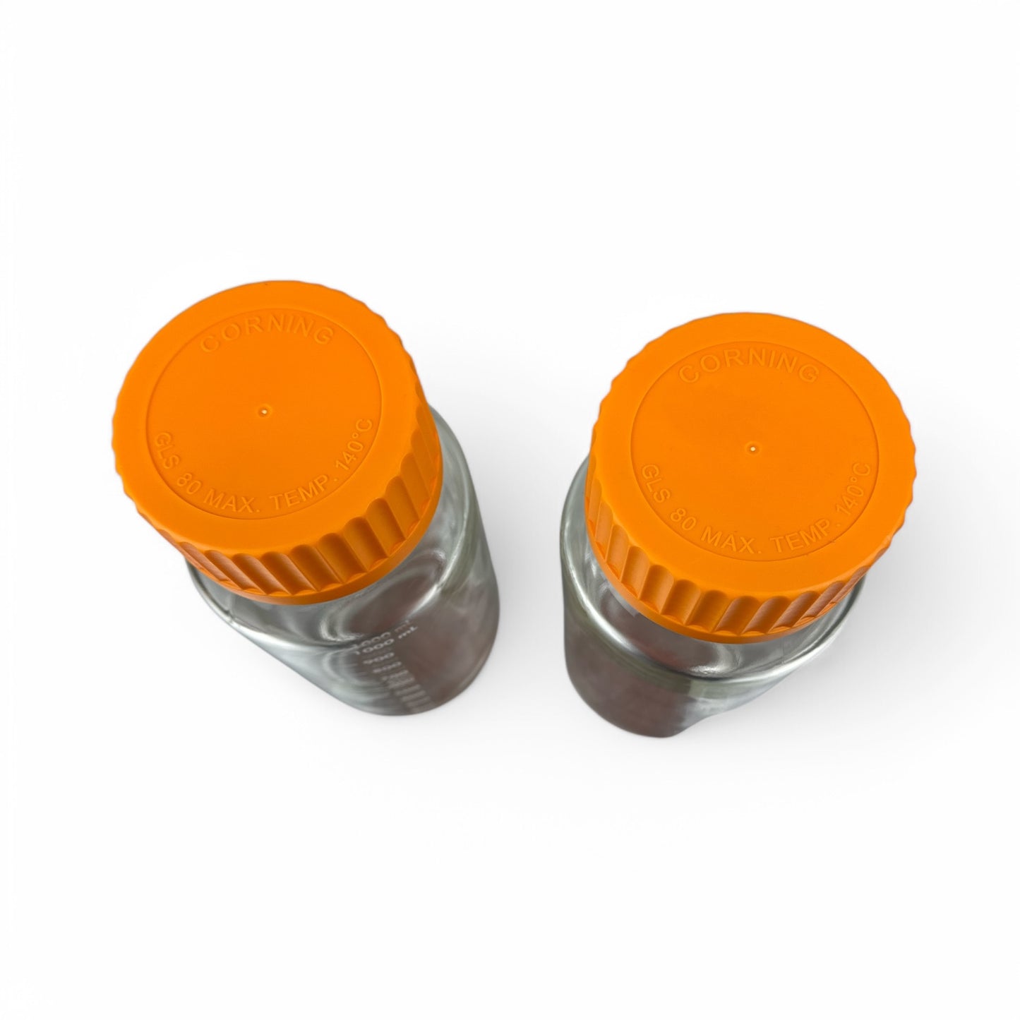 Lot of 2 Corning Pyrex 1000mL Glass Lab Bottles – Wide Mouth – Orange Caps – No. 1397