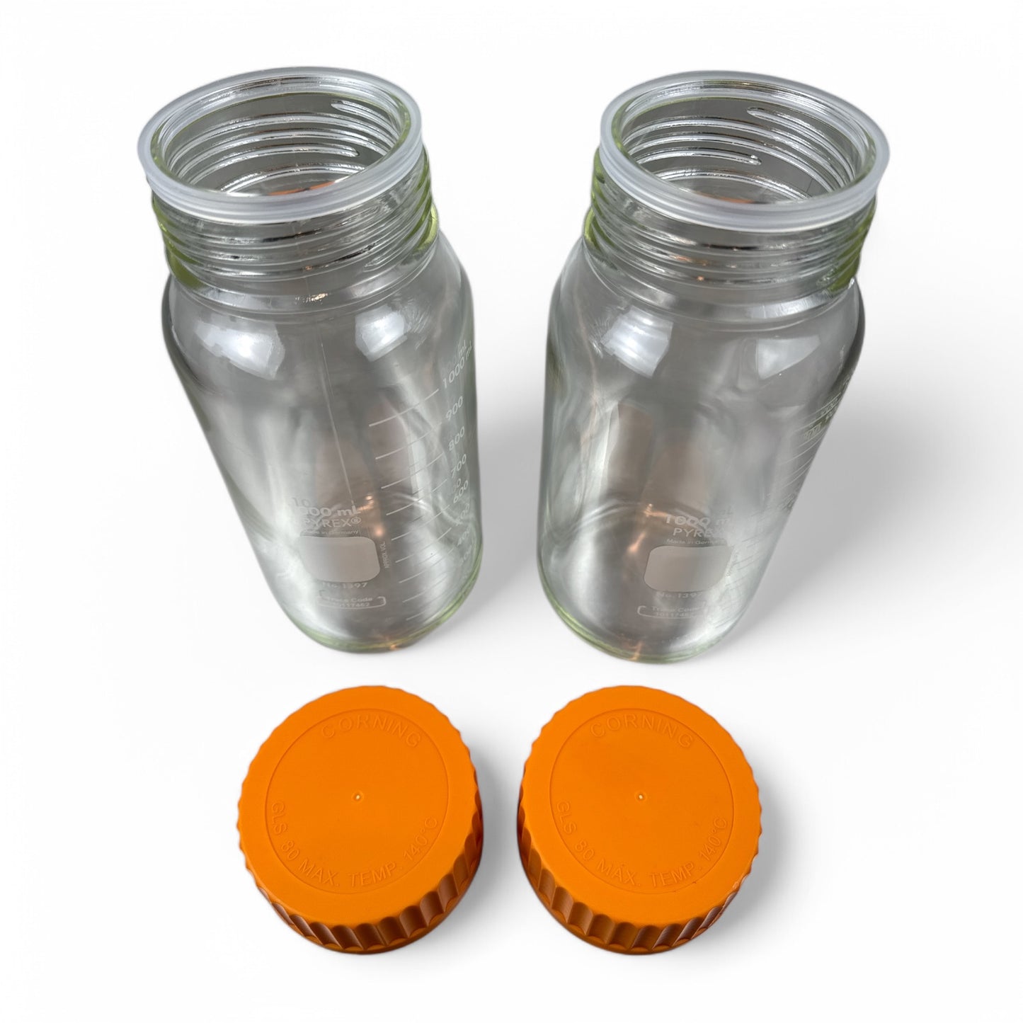 Lot of 2 Corning Pyrex 1000mL Glass Lab Bottles – Wide Mouth – Orange Caps – No. 1397