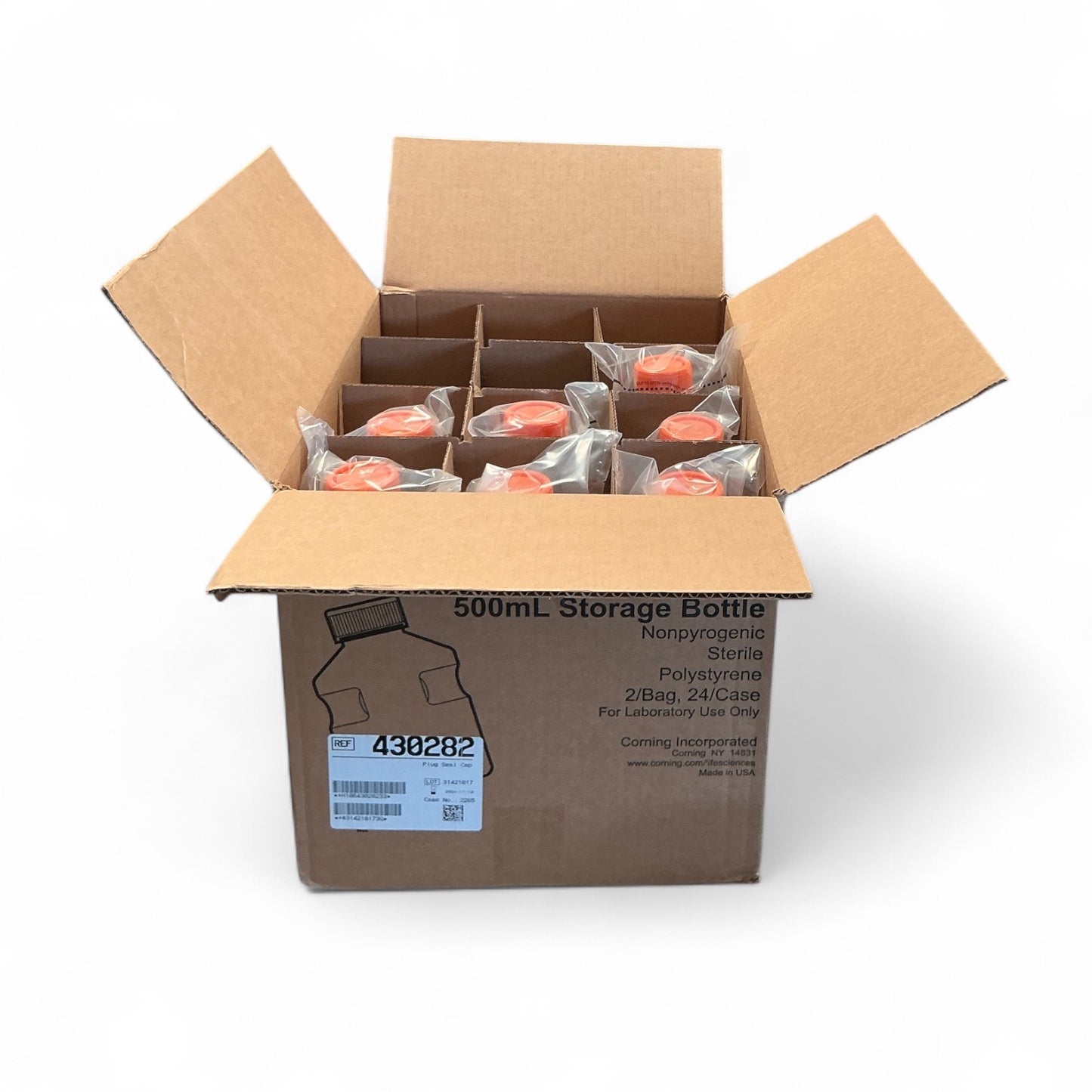 Corning 500mL Storage Bottles | Sterile Polystyrene | 2/Bag, 14 Total Bottles | 430282 | New Open Case