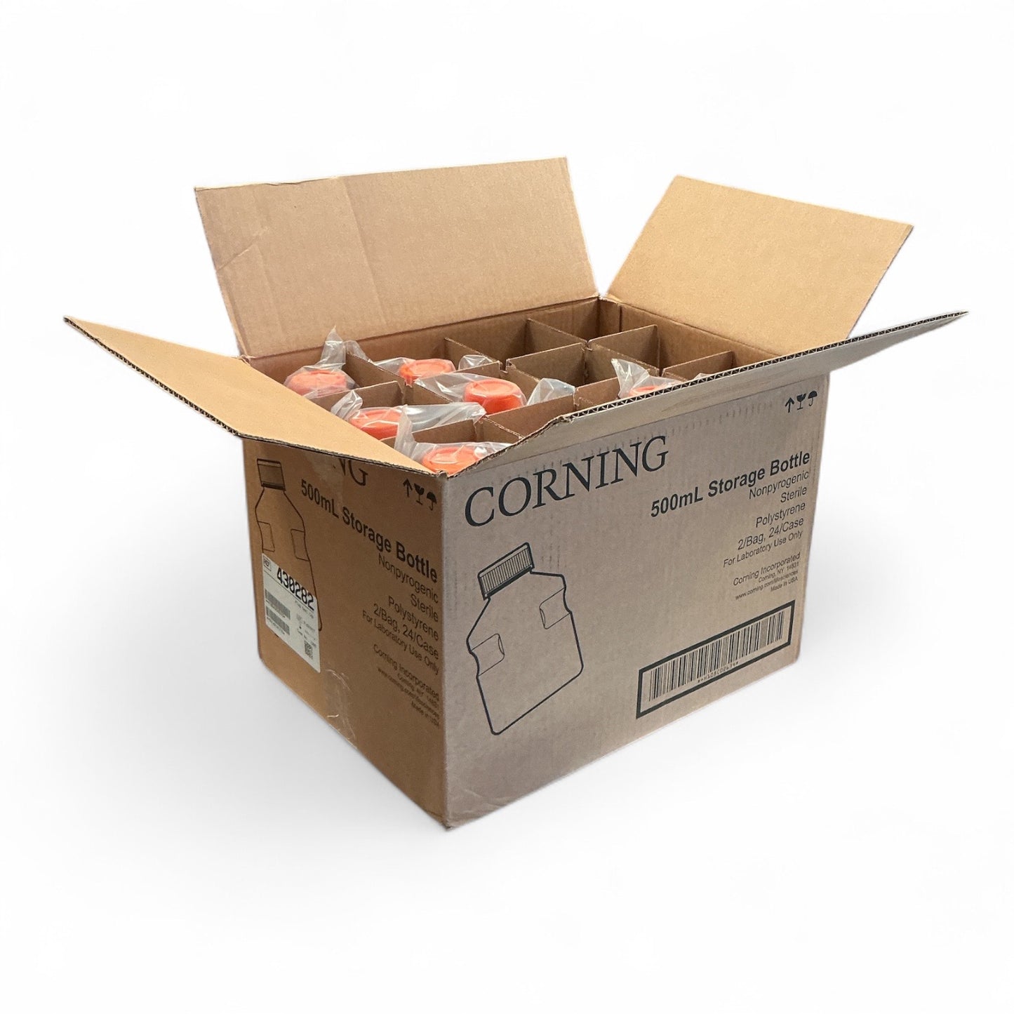 Corning 500mL Storage Bottles | Sterile Polystyrene | 2/Bag, 14 Total Bottles | 430282 | New Open Case