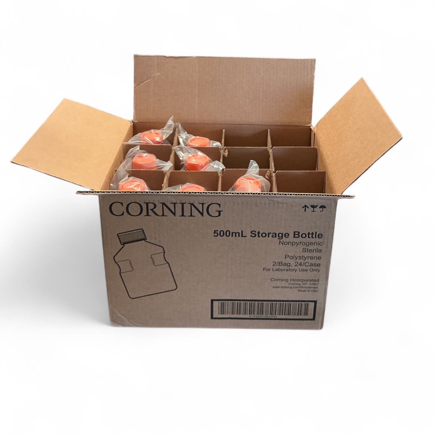 Corning 500mL Storage Bottles | Sterile Polystyrene | 2/Bag, 14 Total Bottles | 430282 | New Open Case