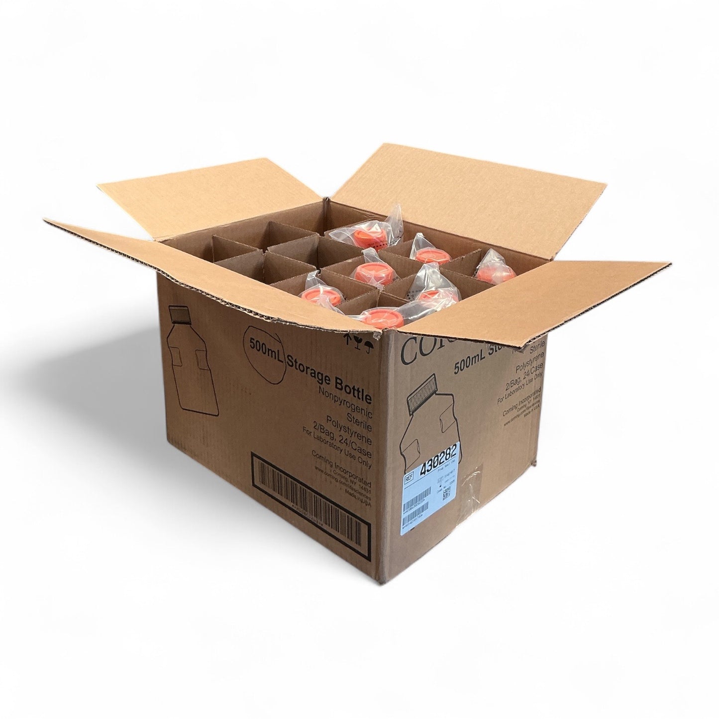 Corning 500mL Storage Bottles | Sterile Polystyrene | 2/Bag, 14 Total Bottles | 430282 | New Open Case