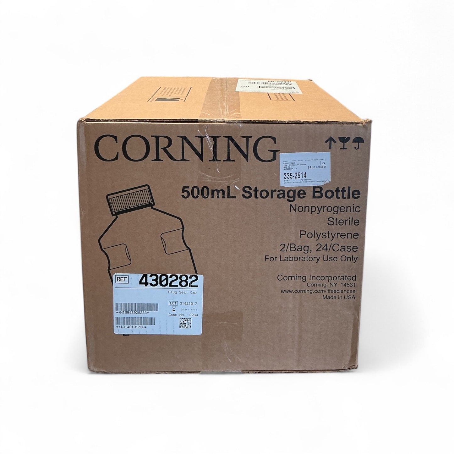 Corning 500mL Storage Bottle 430282 | Sterile | Polystyrene | Full Unopened Box | Lab Use | USA Made