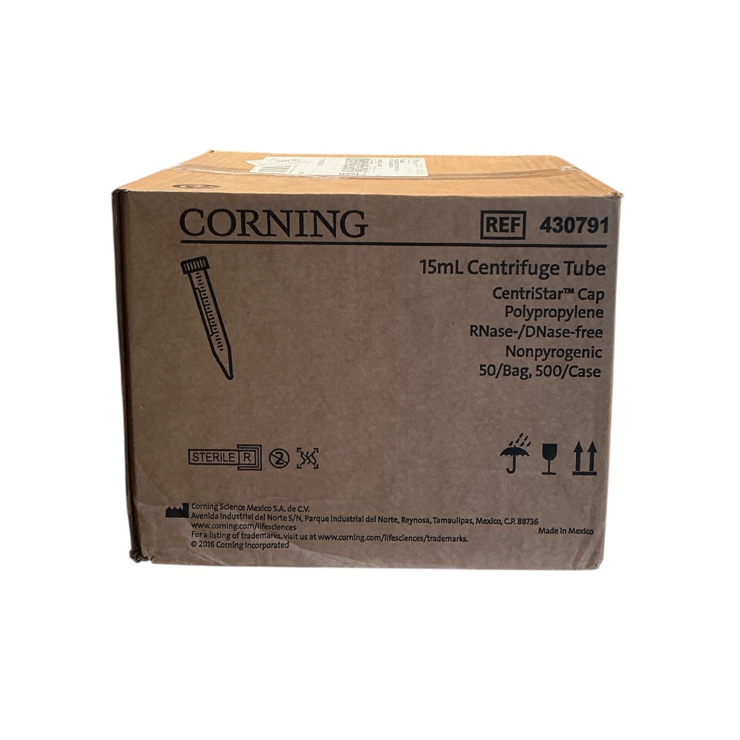 Corning 430791 15mL Centrifuge Tubes | 500/Case | Sterile RNase/DNase-Free | Unopened Full Box