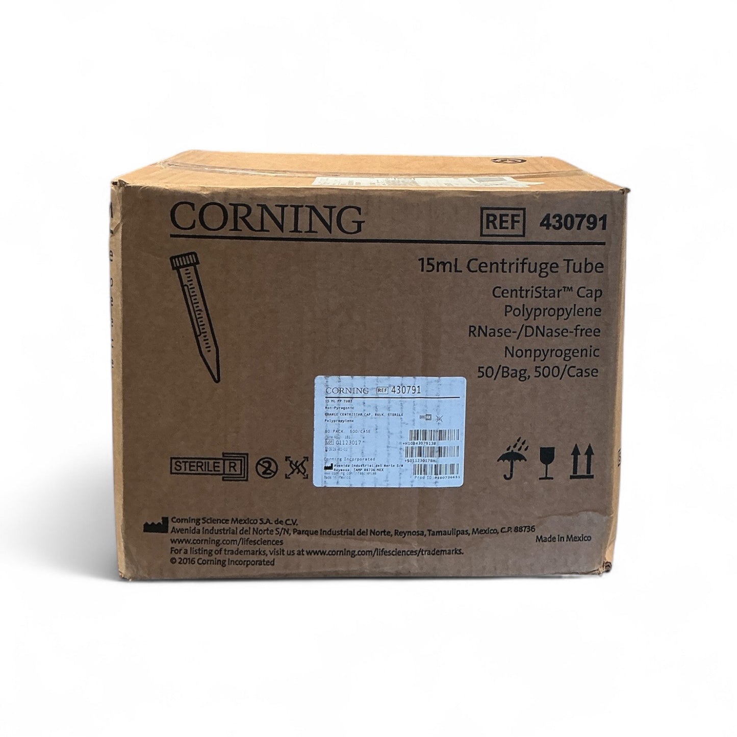 Corning 430791 15mL Centrifuge Tubes | 500/Case | Sterile RNase/DNase-Free | Unopened Full Box