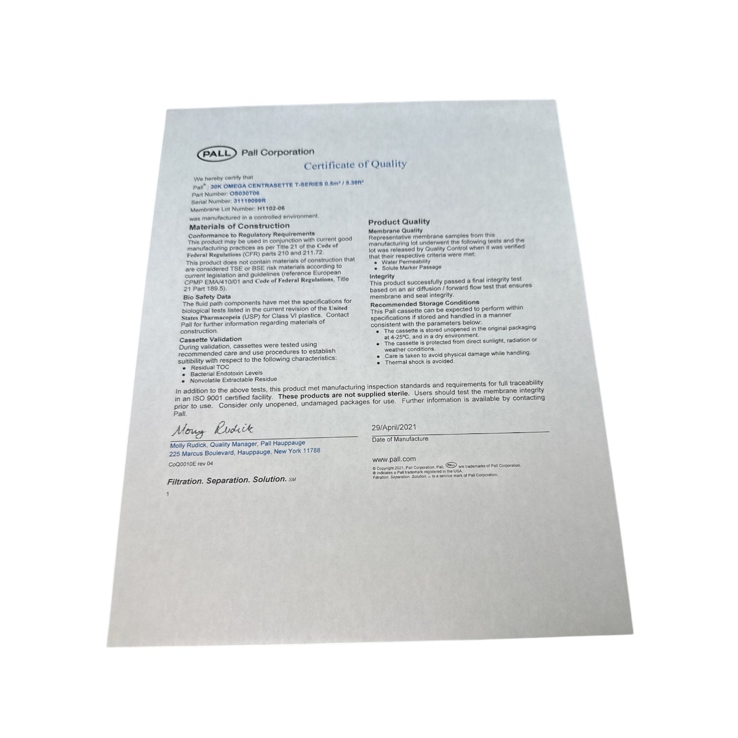 Pall Omega Centramate Centrasette T-Series Cassette 0S030T06 0.5m² / 30kD