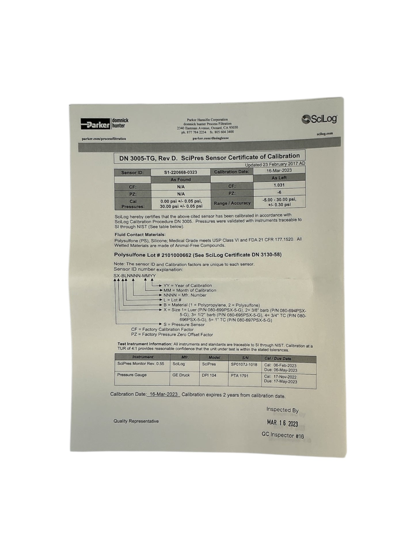 Parker SciLog SciPres Biopharm Sensor Luer GI Set of 5 080-699PSX-5-G New