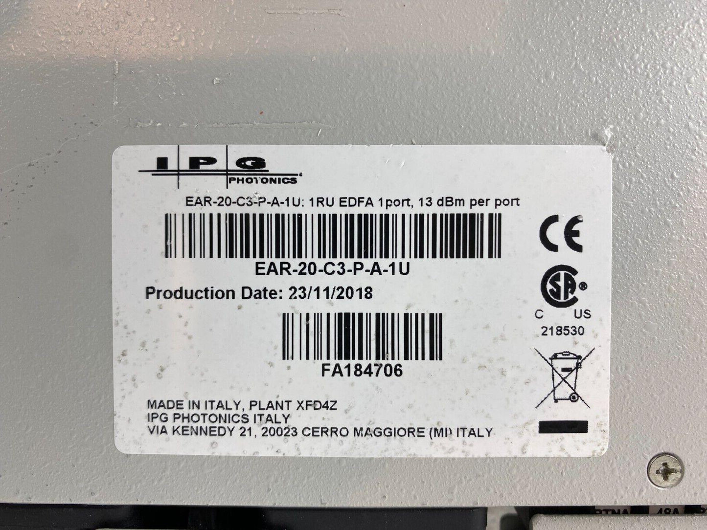IPG Photonics EAR-20-C3-A-P-1U Erbium Amplifier – FA184706