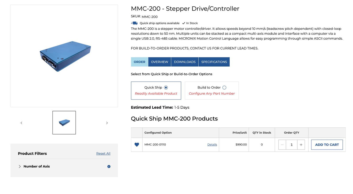 Micronix MMC-200 Motion Controller & PZS-90 Elevation Stage Laser Optical