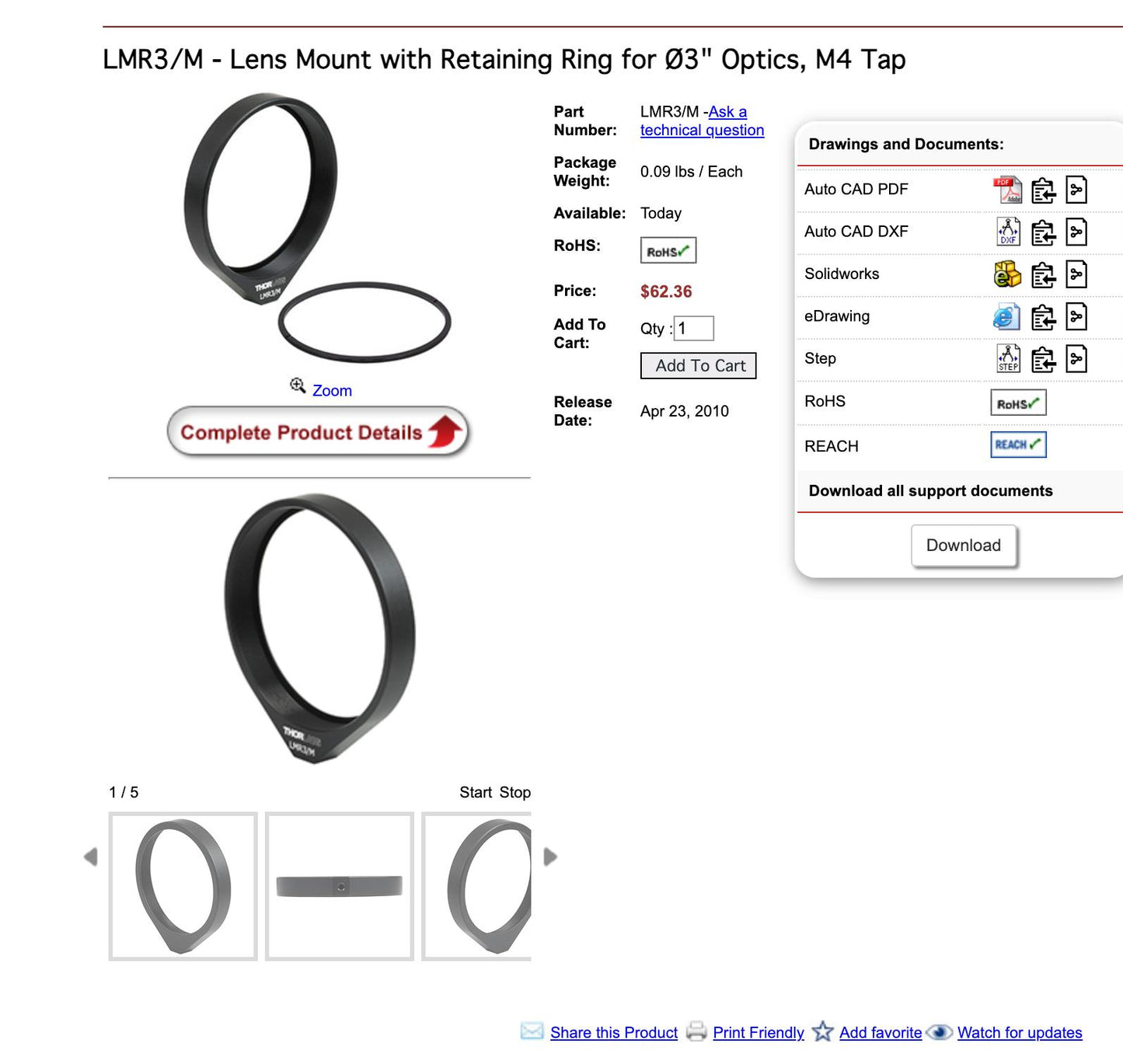 THORLABS LMR3/M Lens Mount with Retaining Ring for Ø3" Optics, M4 Tap NEW