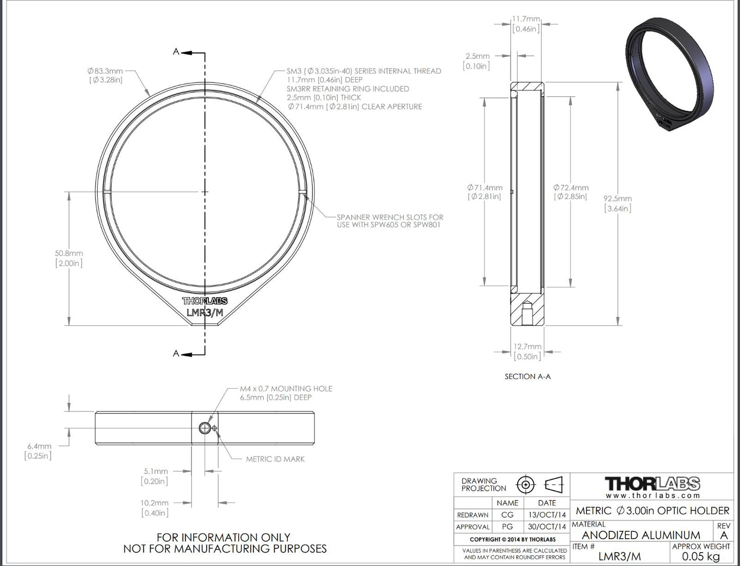 THORLABS LMR3/M Lens Mount with Retaining Ring for Ø3" Optics, M4 Tap NEW