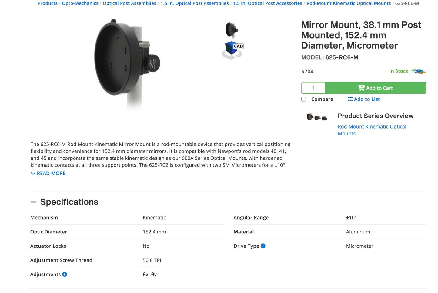 Newport 625 Series Mirror Mount, 1.5 in. Post Mounted, 6.0 in. Micrometer