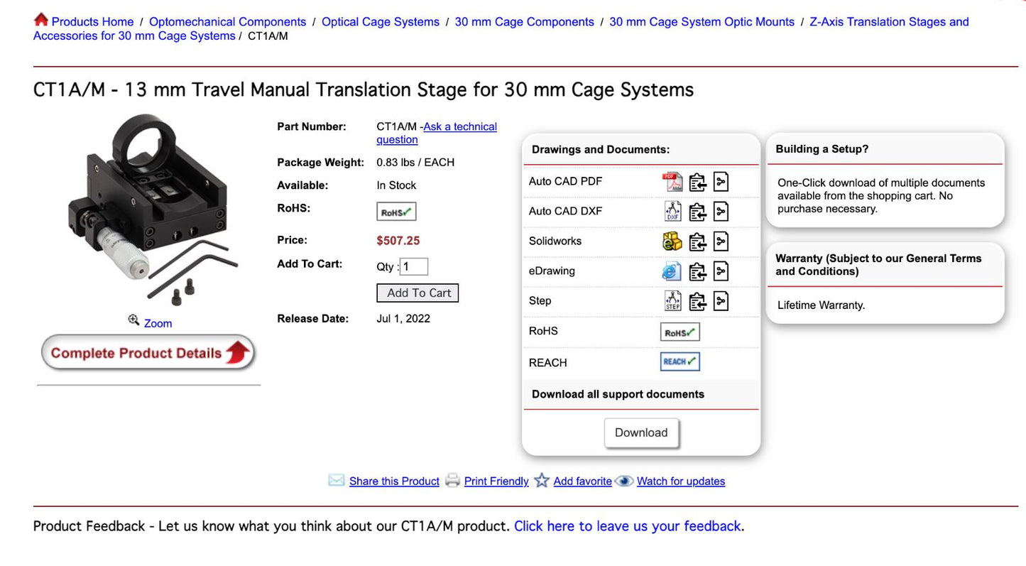 Thorlabs CT1A/M - 13 mm Travel Manual Translation Stage for 30mm & CT101 - Ø1"
