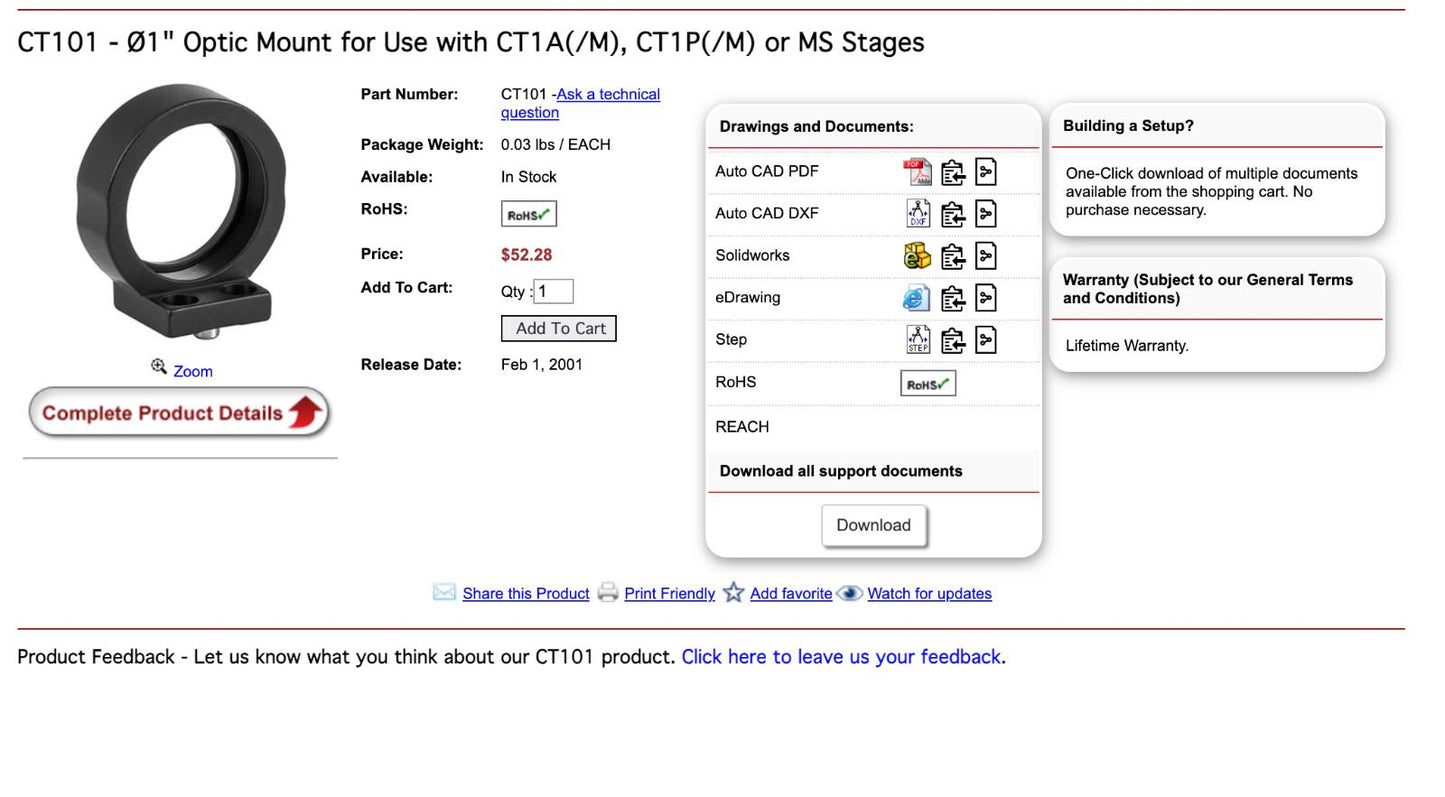 Thorlabs CT1A/M - 13 mm Travel Manual Translation Stage for 30mm & CT101 - Ø1"
