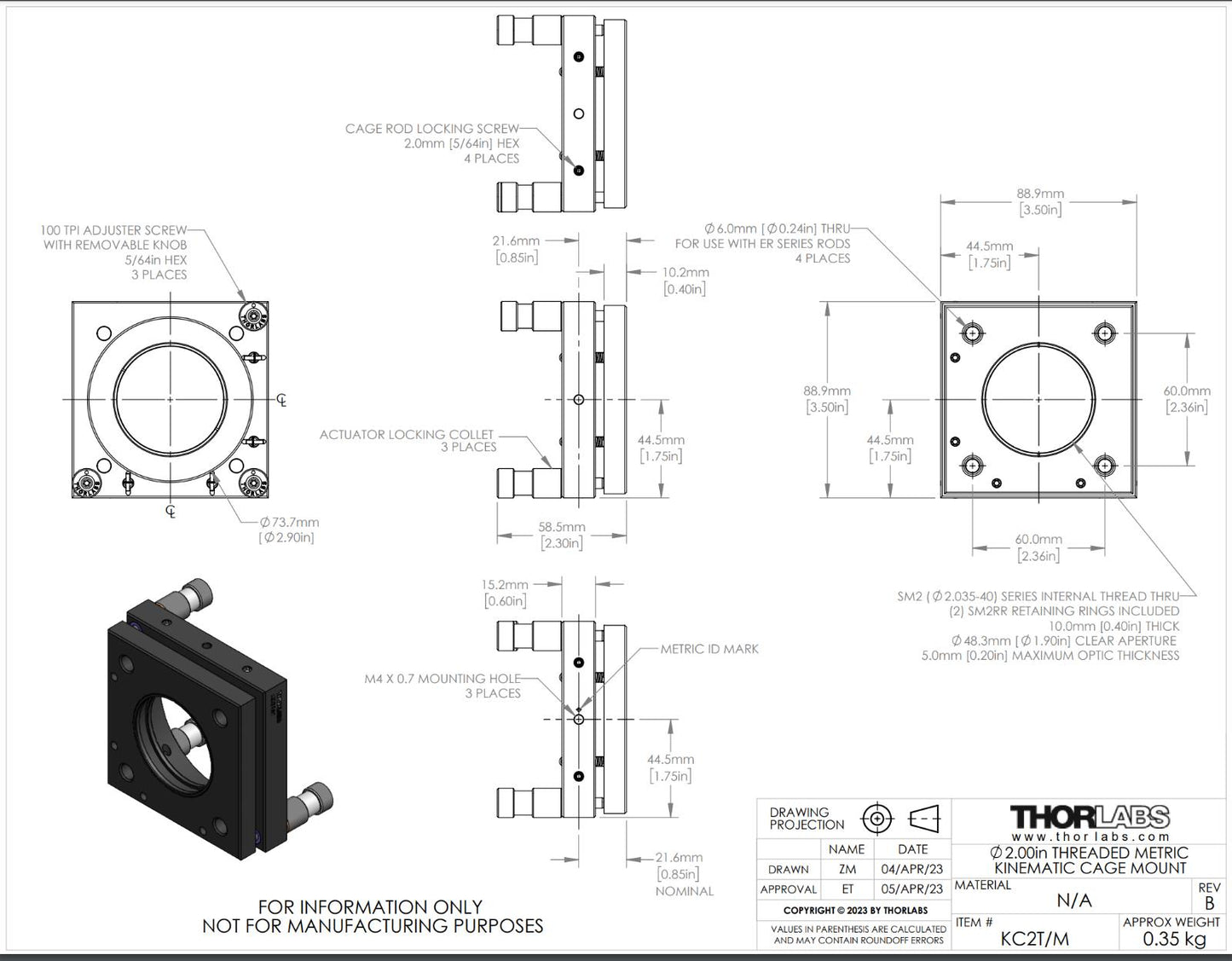 Thorlabs KC2T/M - Locking SM2-Threaded Kinematic Mirror Mount for Ø2" Optics