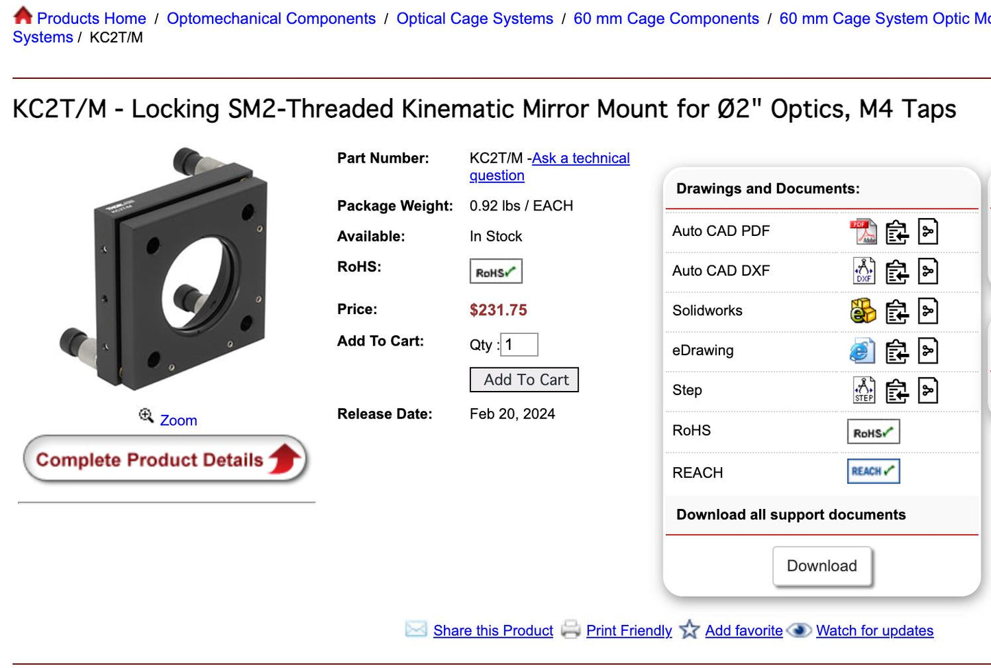 Thorlabs KC2T/M - Locking SM2-Threaded Kinematic Mirror Mount for Ø2" Optics