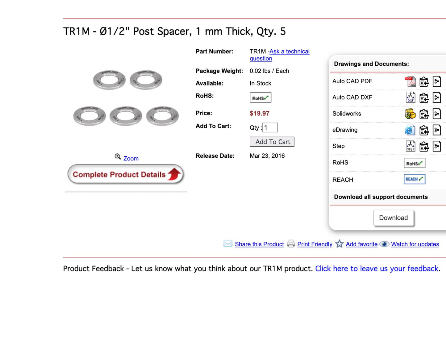 Thorlabs Ø1/2" Post Spacers TR1M, TR2M, TR3M, TR5M 4 Single 5-Packs