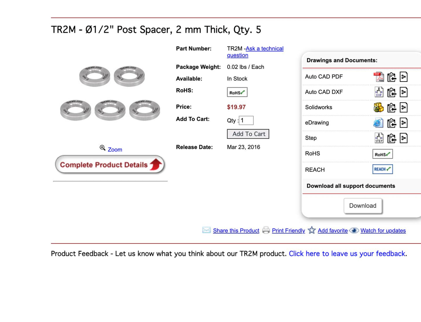 Thorlabs Ø1/2" Post Spacers TR1M, TR2M, TR3M, TR5M 4 Single 5-Packs
