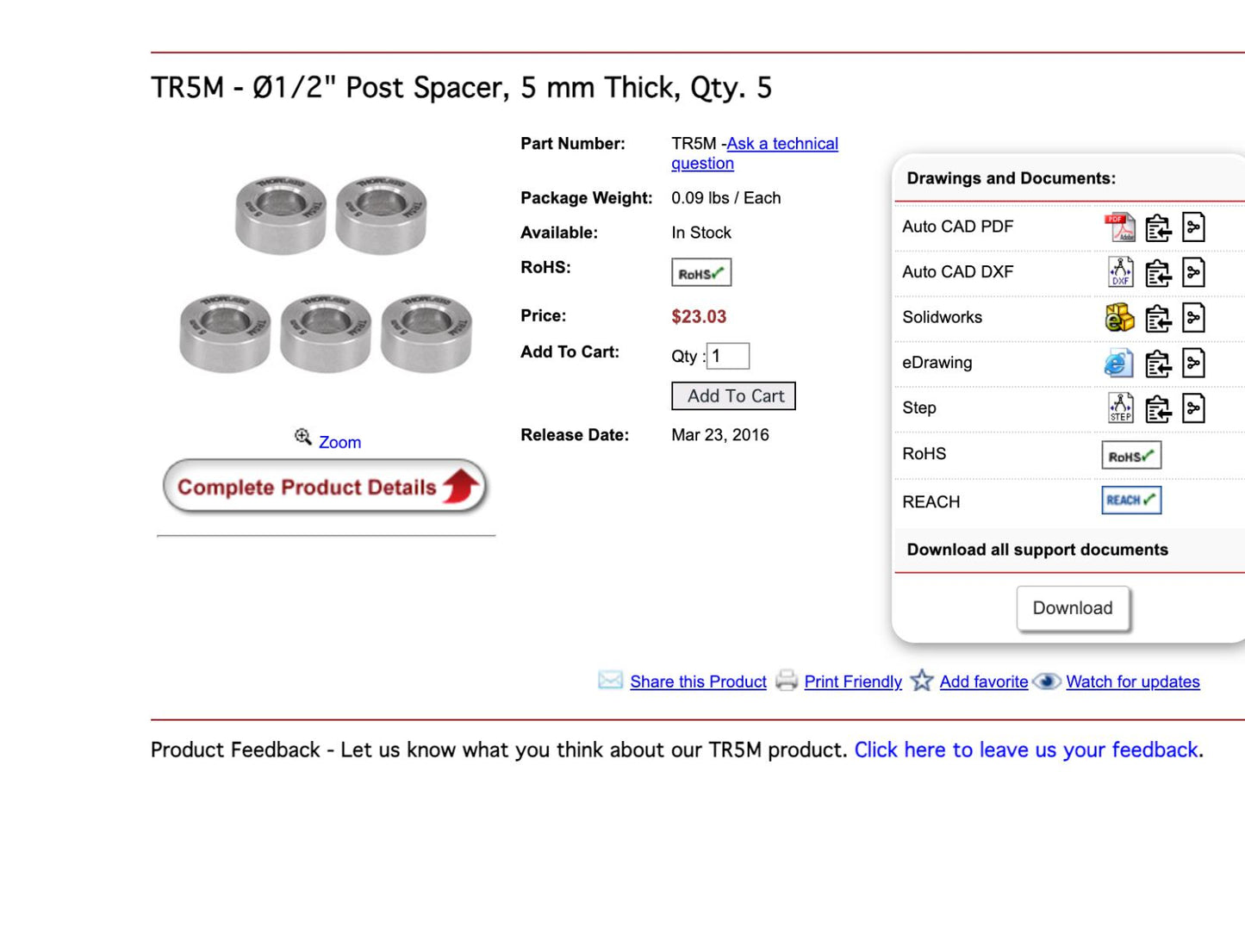 Thorlabs Ø1/2" Post Spacers TR1M, TR2M, TR3M, TR5M 4 Single 5-Packs