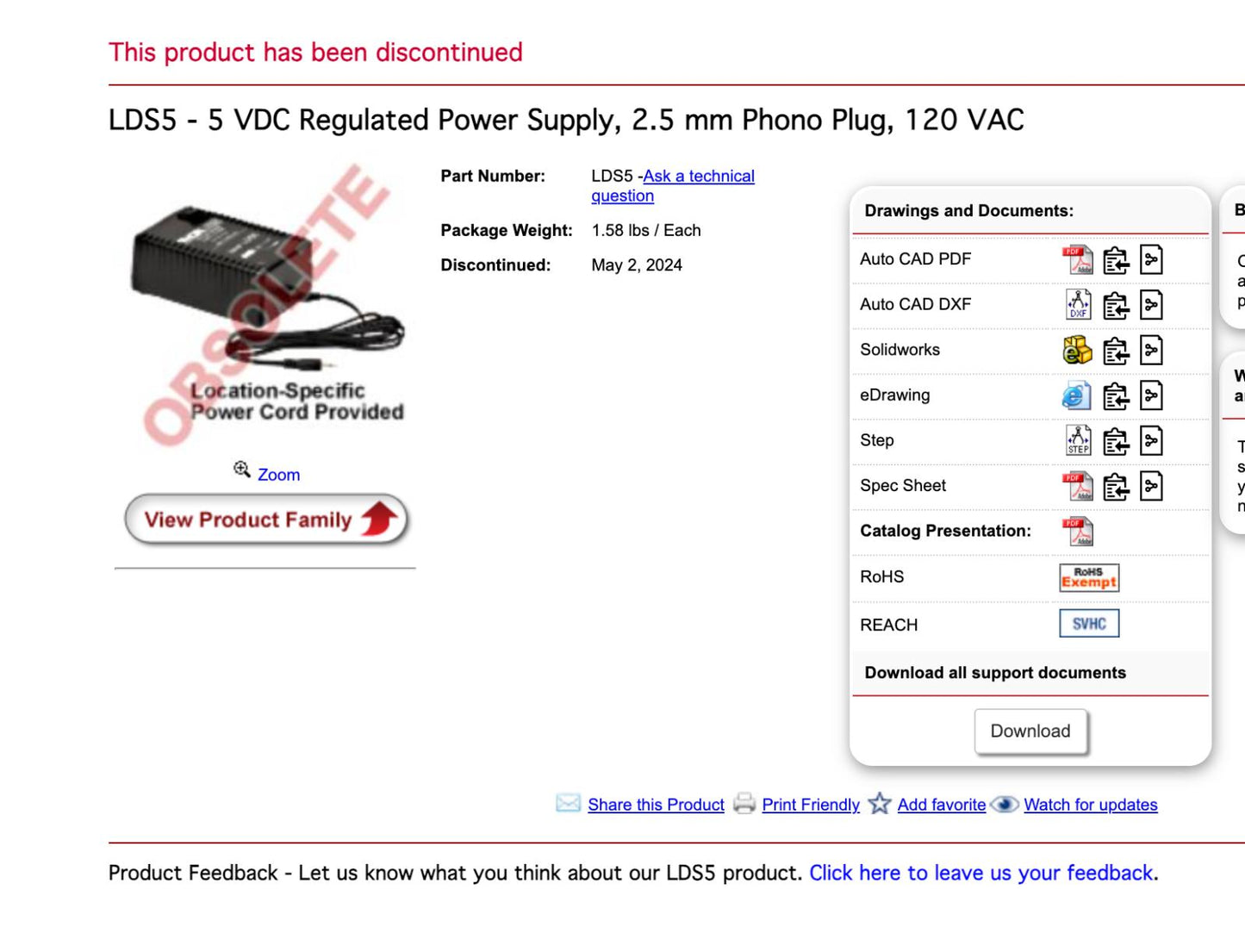 Thorlabs LDS5 - 5 VDC Regulated Power Supply, 2.5 mm Phono Plug, 120 VAC