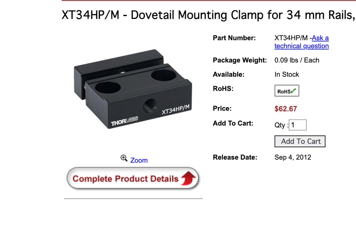 Thorlabs XT34HP/M - Dovetail Mounting Clamp for 34 mm Rails, Metric