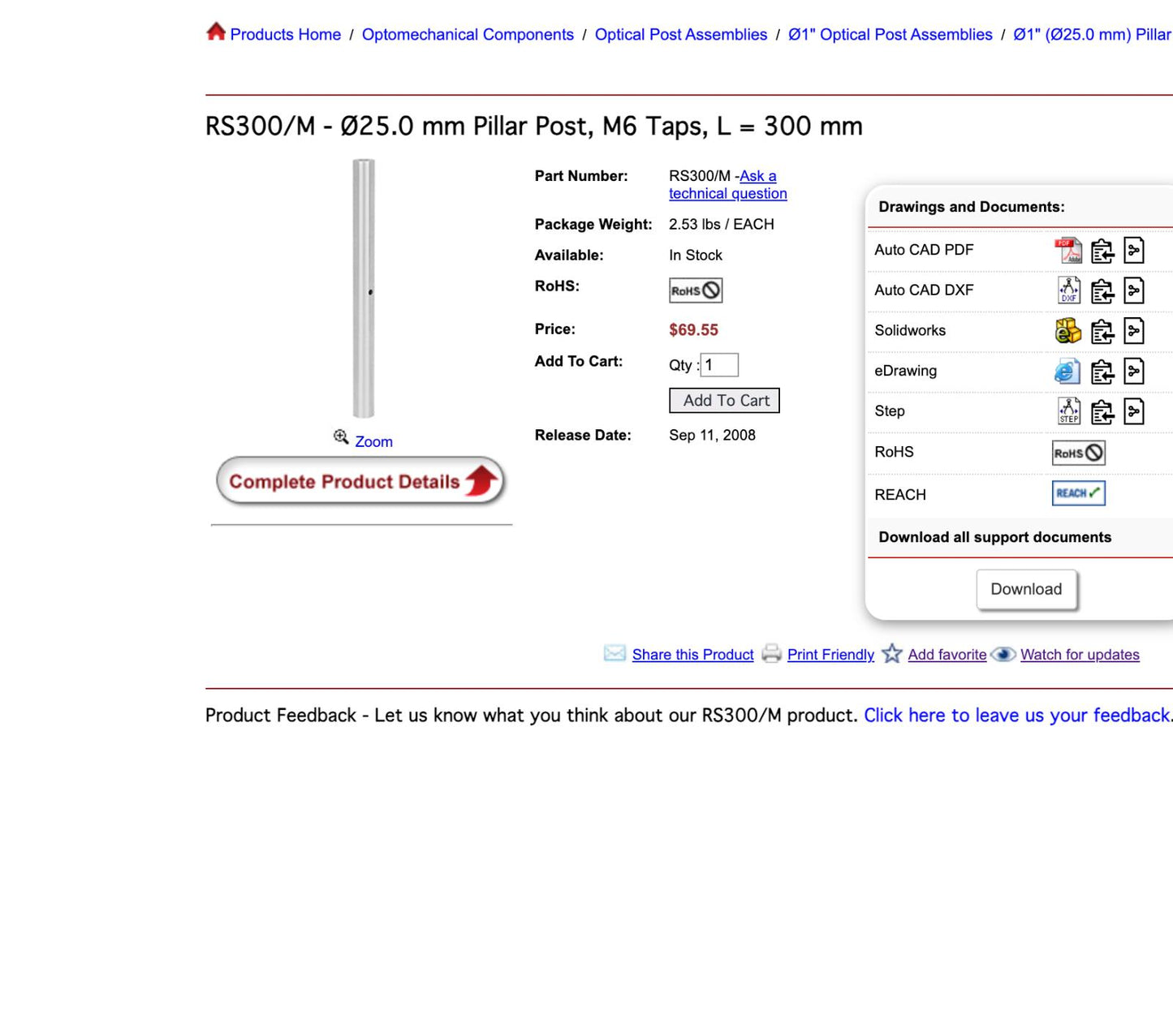 Thorlabs RS300/M - Ø25.0 mm Pillar Post, M6 Taps, L = 300 mm