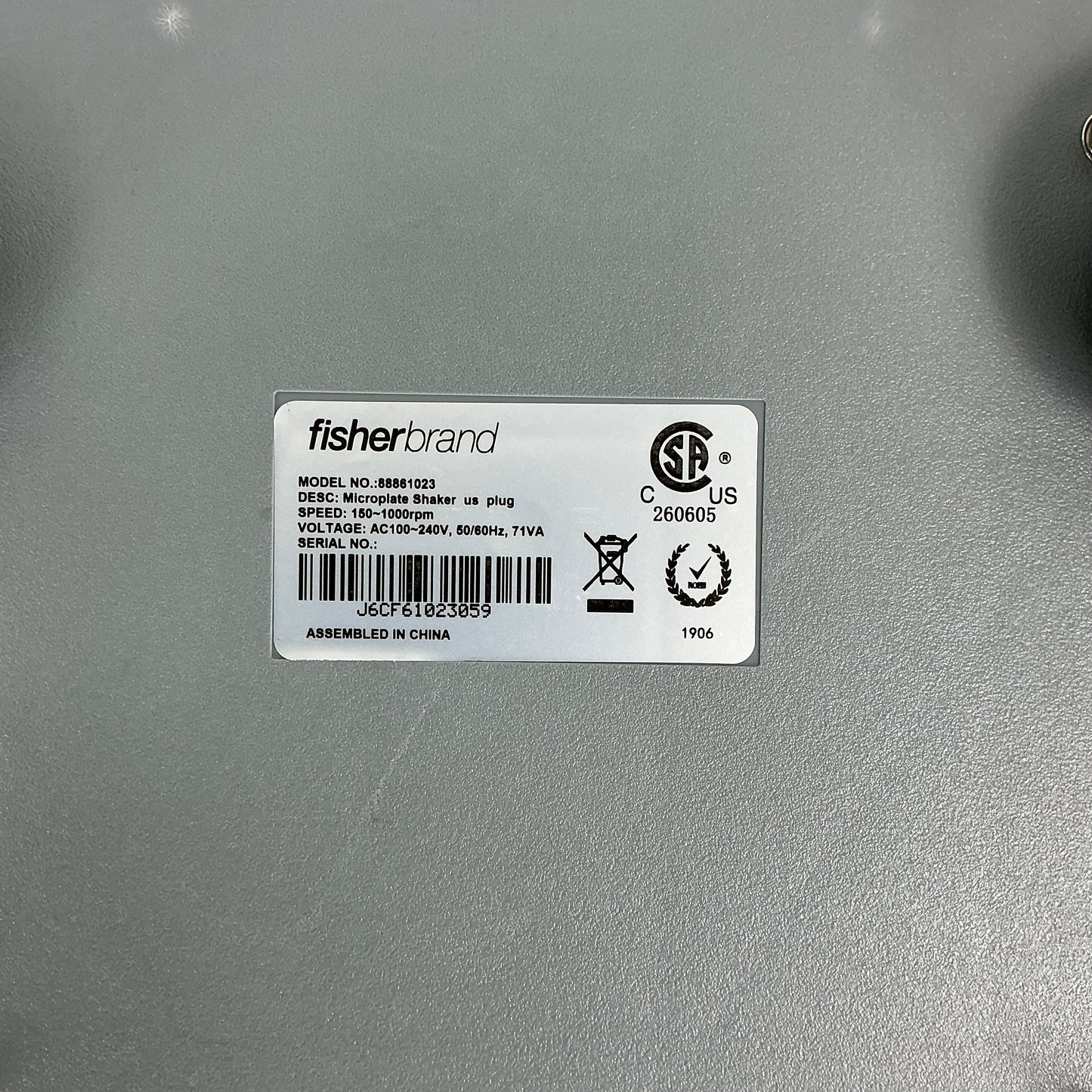 Fisherbrand Microplate Shaker 88861023 150–1000 RPM – Tested w/ Power Cord