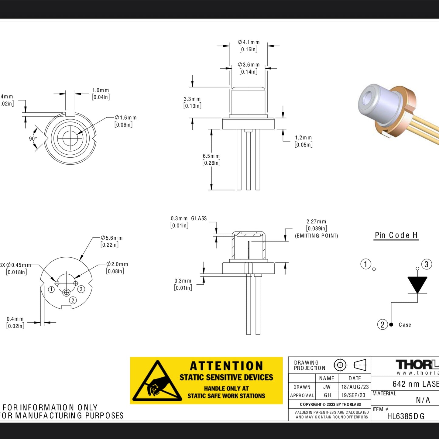 Thorlabs HL6385DG 642nm 150mW Laser Diode - New