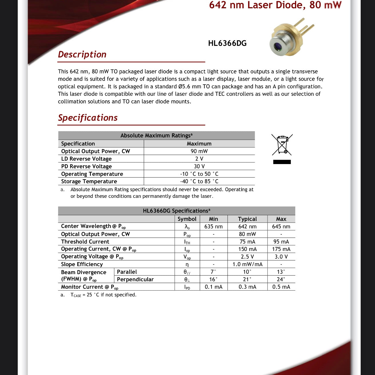 Thorlabs HL6366DG Laser Diode 642nm 80mW Ø5.6mm A Pin Code – New