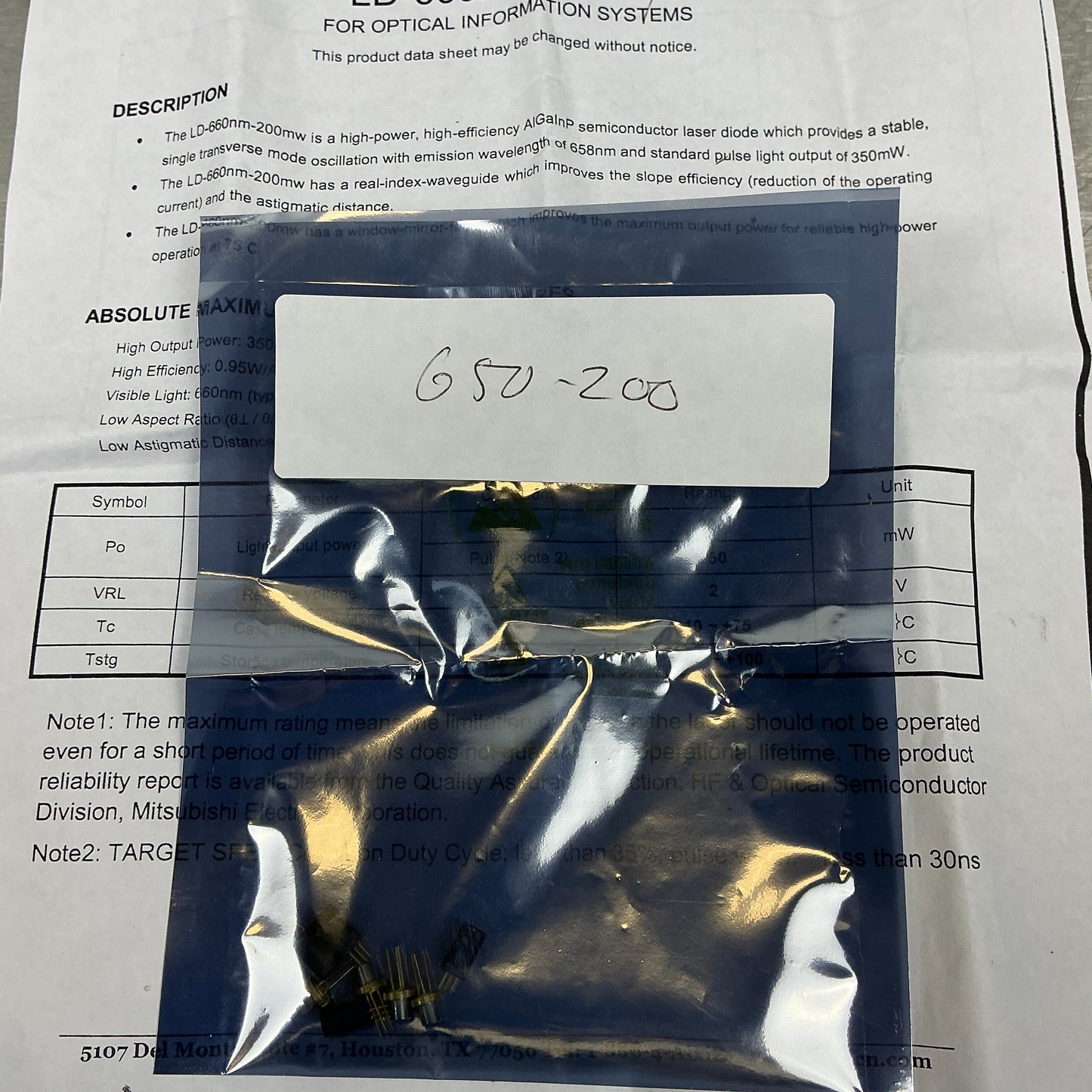 Laser Diode Lot – Nichia NDB7775E, 660nm 200mW, 650nm 500mW, Unknown – 24pcs