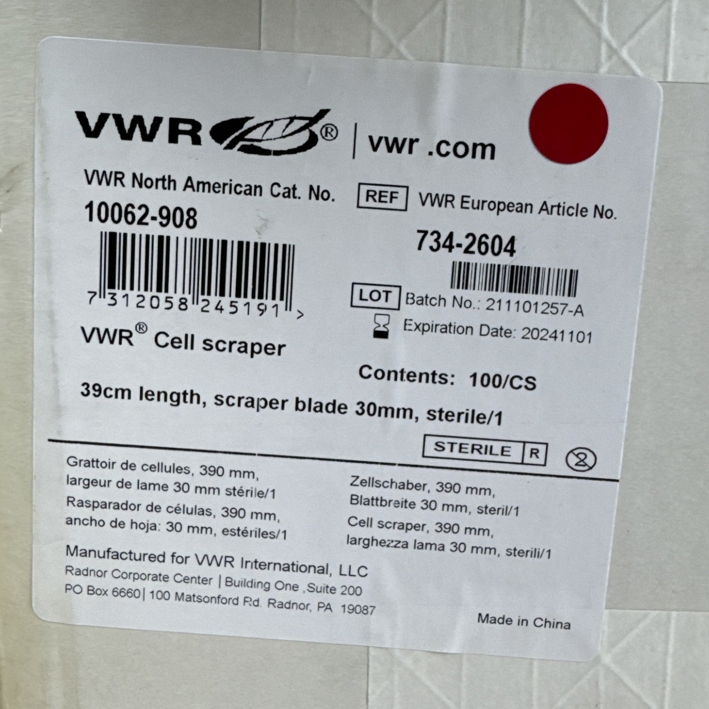 VWR 39cm Sterile Cell Scraper, 30mm Blade – Box of 100 (New Open Box)