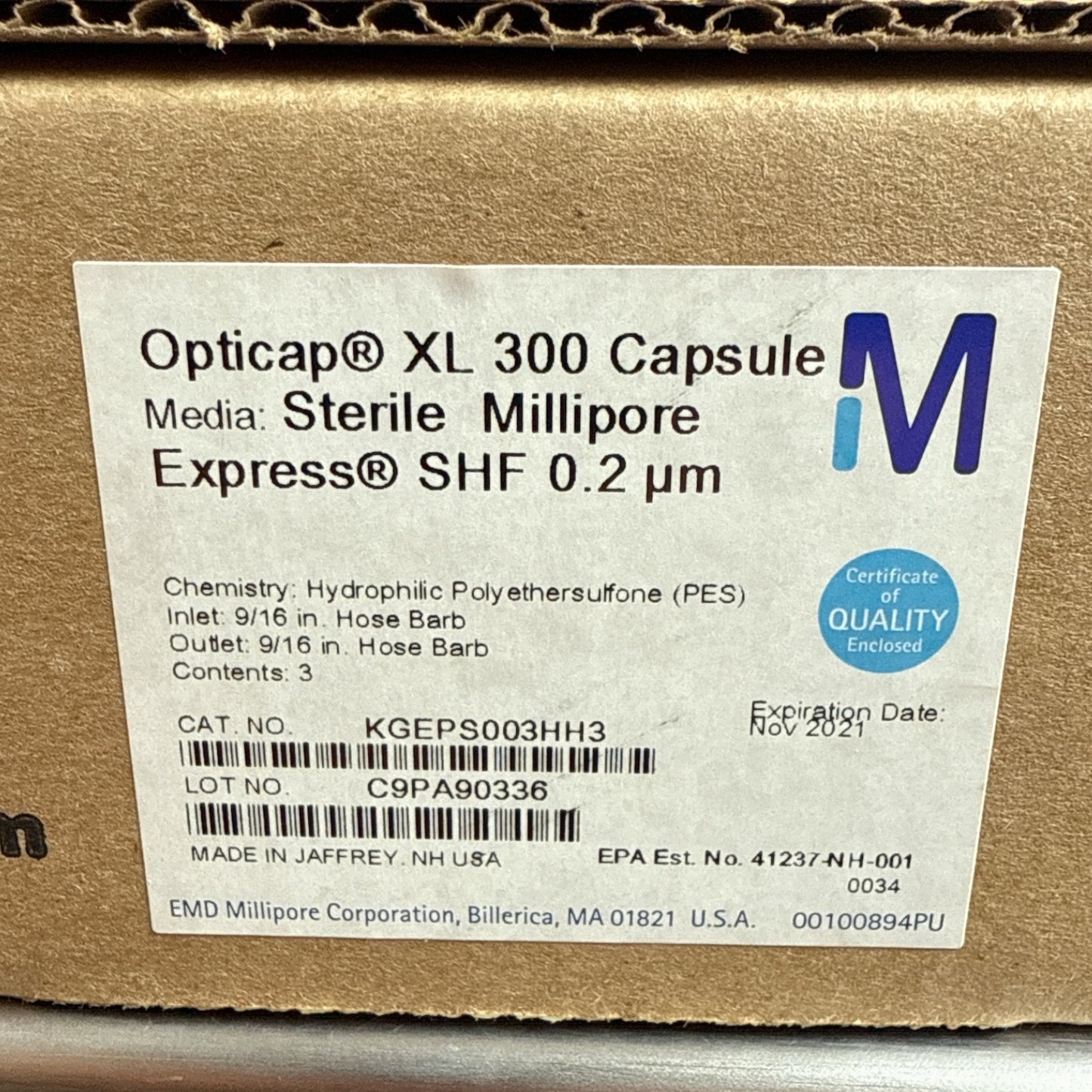 Millipore Opticap XL 300 Capsule Sterile Express SHF 0.2 µm | 3-Pack - New in Sealed Box