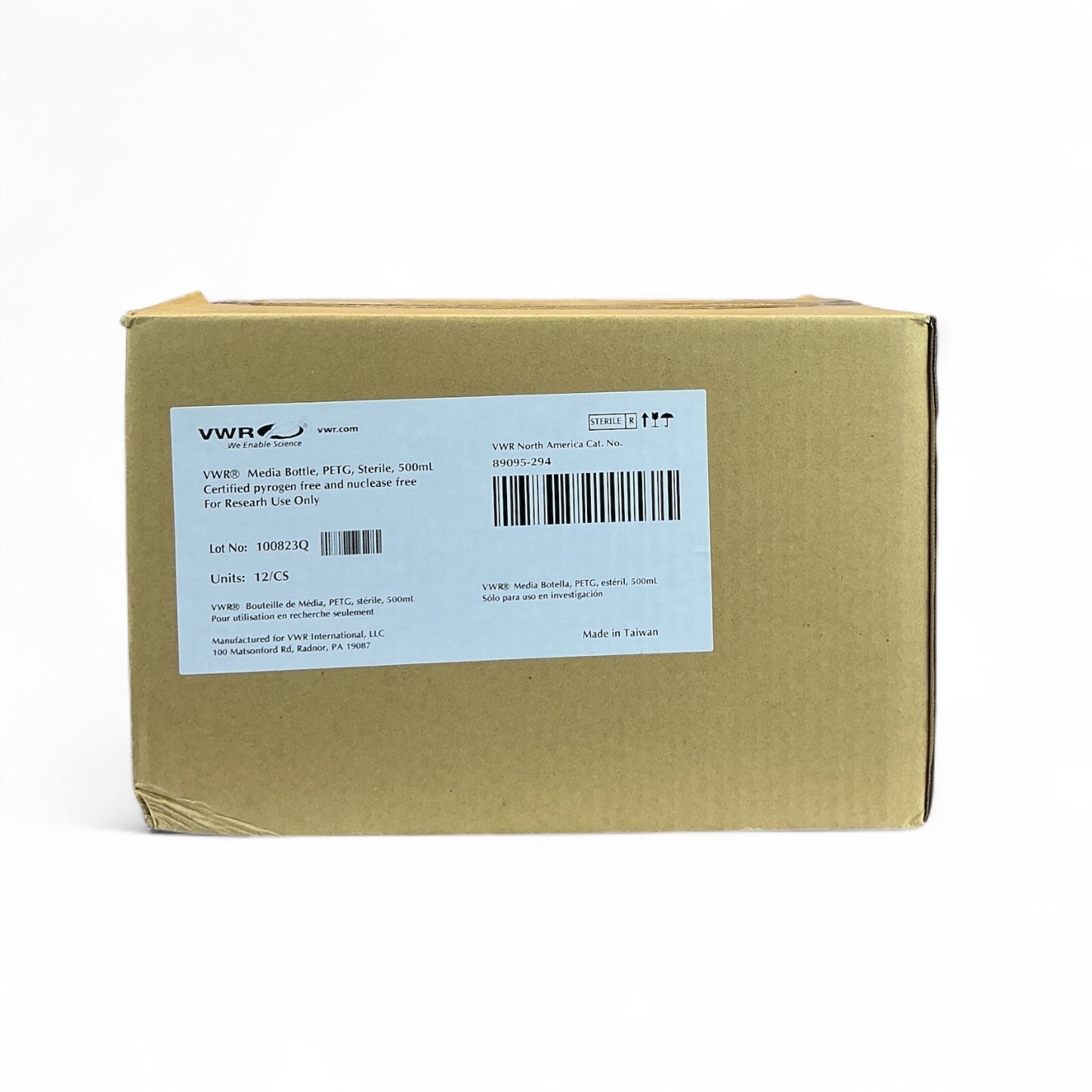 VWR Media Bottle, PETG, Sterile, 500mL – Model 89095-294 – LOT of 8 Cases (96 Bottles Total)