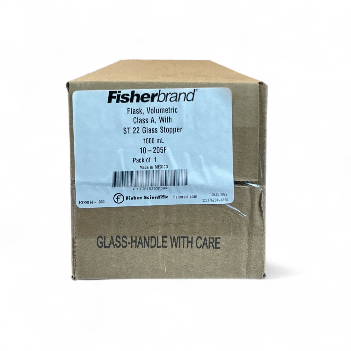 Fisherbrand 1000mL Volumetric Flask with ST 22 Glass Stopper – Model 10-205F – Lot of 2