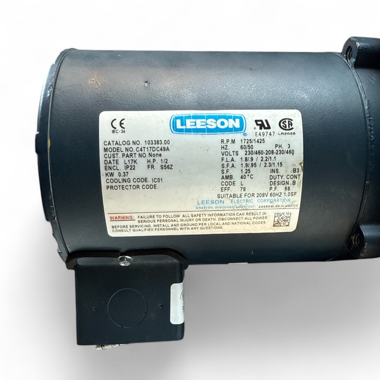 Refurbished Leeson 1/2 HP Electric Motor 103838 with Fan Blade and Accessories