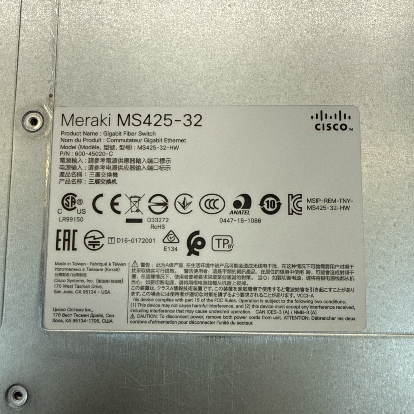 Cisco Meraki MS425-32 32-Port GB SFP+ Switch w/ Fan & Power Modules Unclaimed