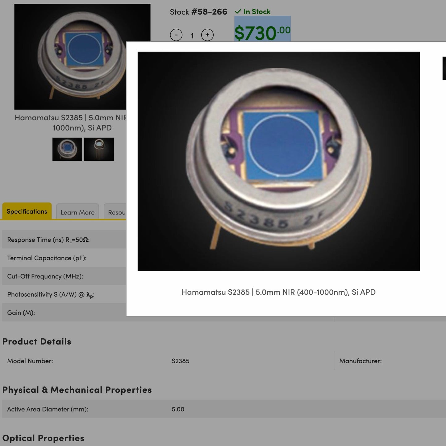 New Hamamatsu S2385 | 5.0mm NIR (400-1000nm), Si APD 58266